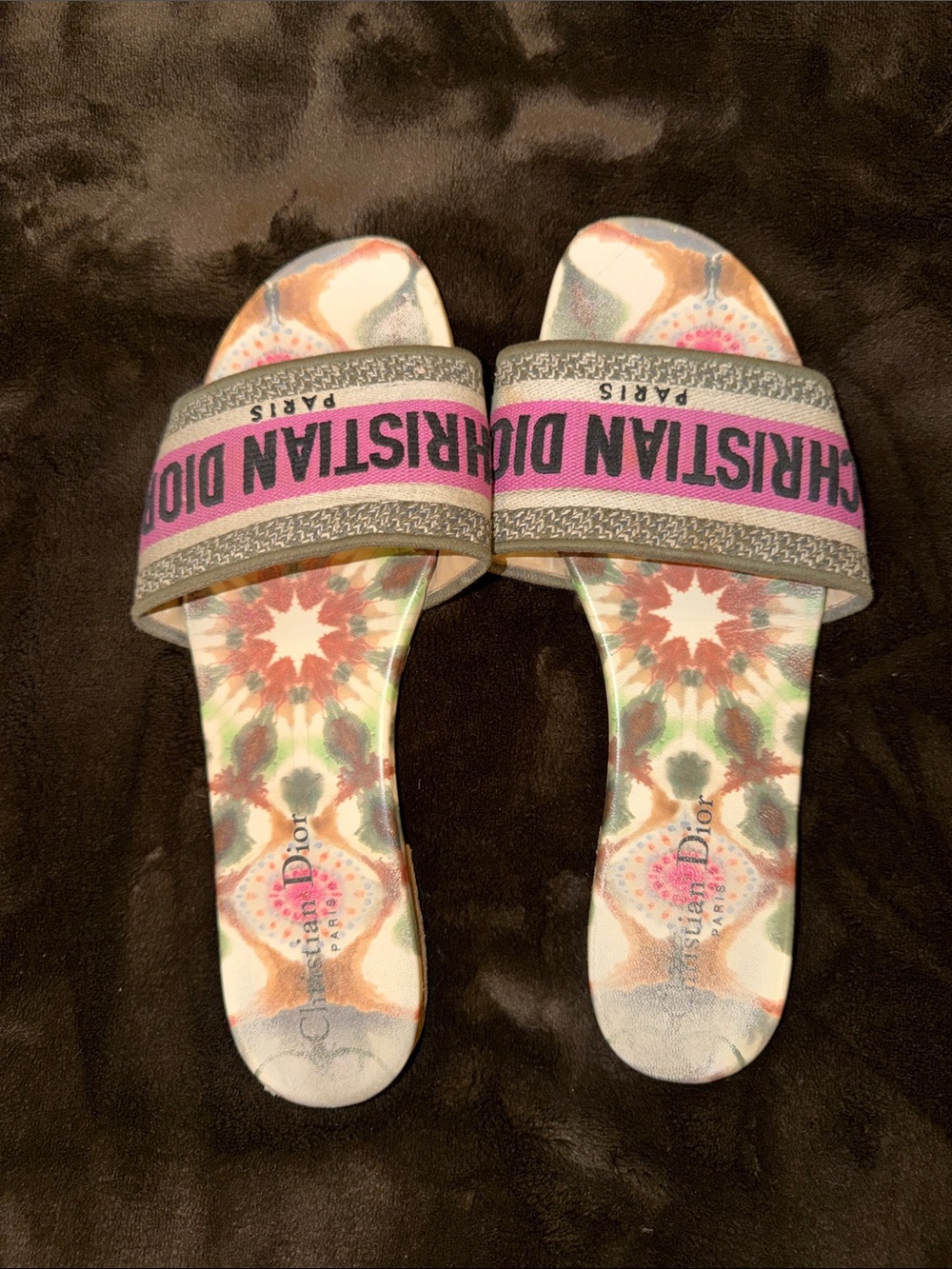 Authentic Dior Multicolor Patterned Slide Sandals with Pink Logo Strap